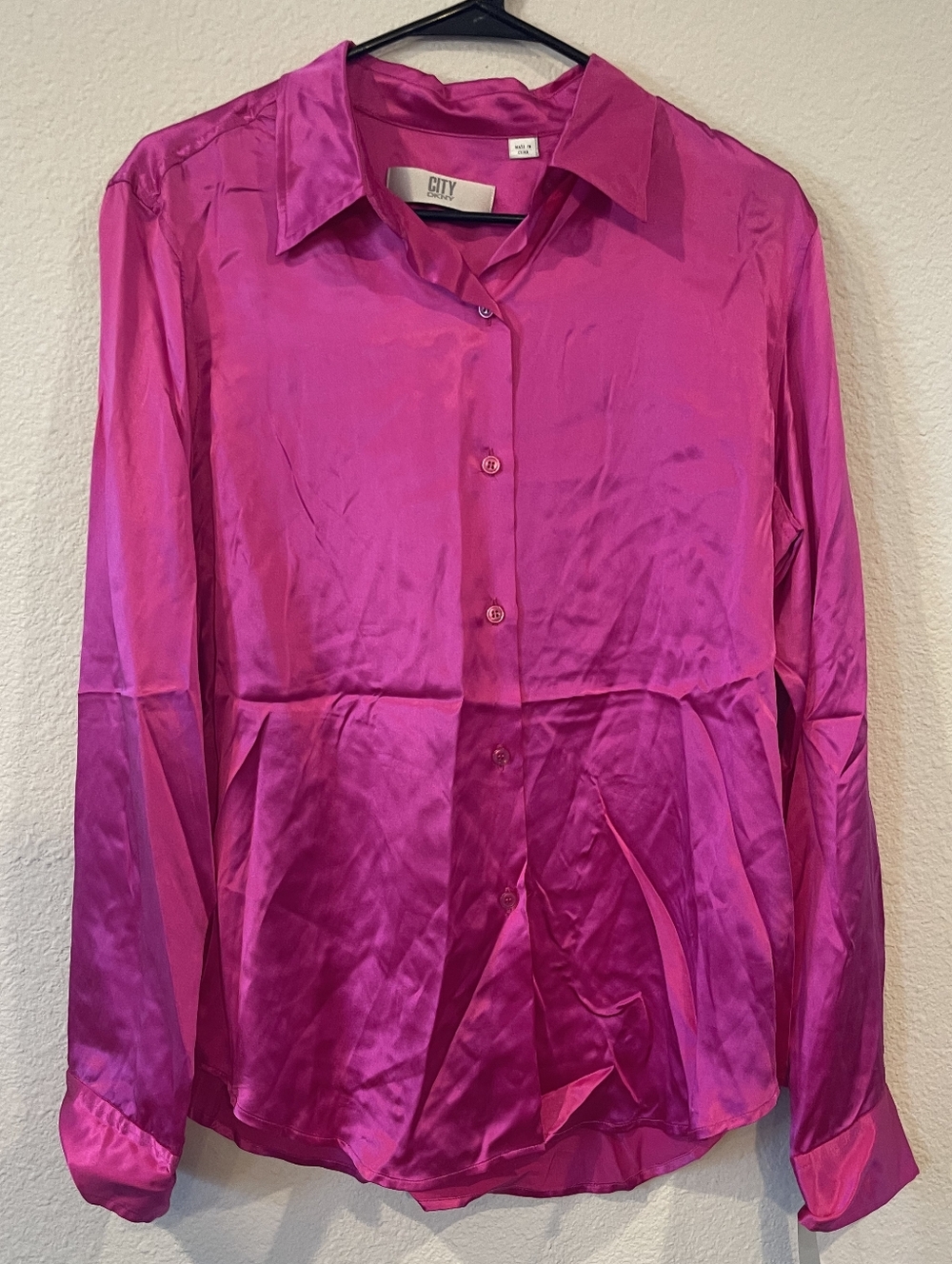 NWT DKNY CITY Vintage Y2K Hot Fuschia Pink Silk Button Up Long Sleeve Blouse 16